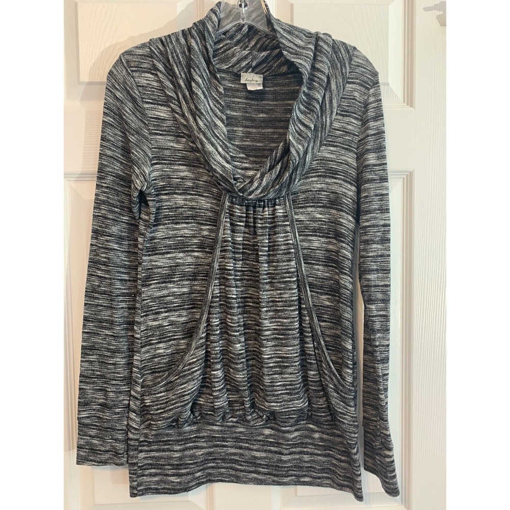 Daytrip Medium Cowl Neck Sweater Top Variegated Gray Kangaroo Pocket